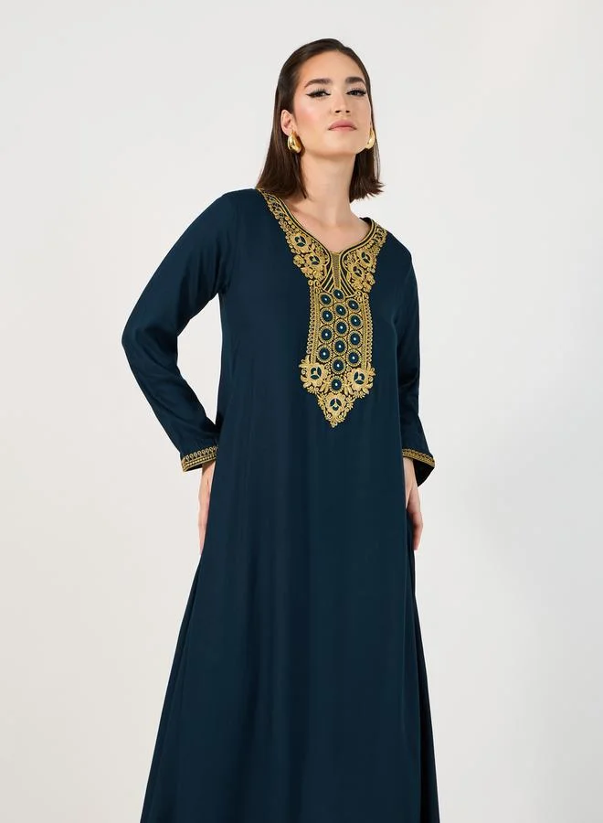 Styli Styli Neck Embroidery Flared Jalabiya
