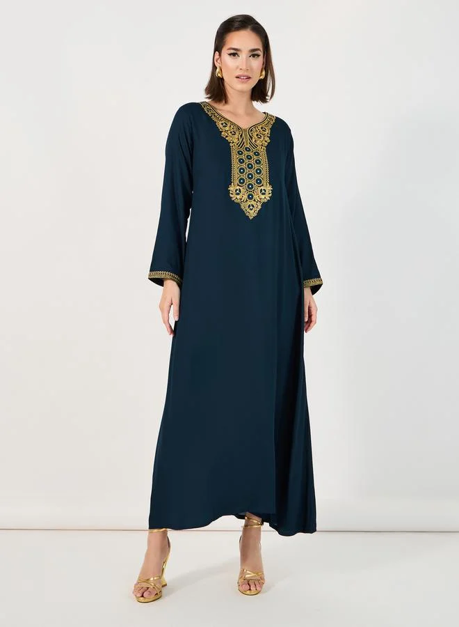 Styli Styli Neck Embroidery Flared Jalabiya