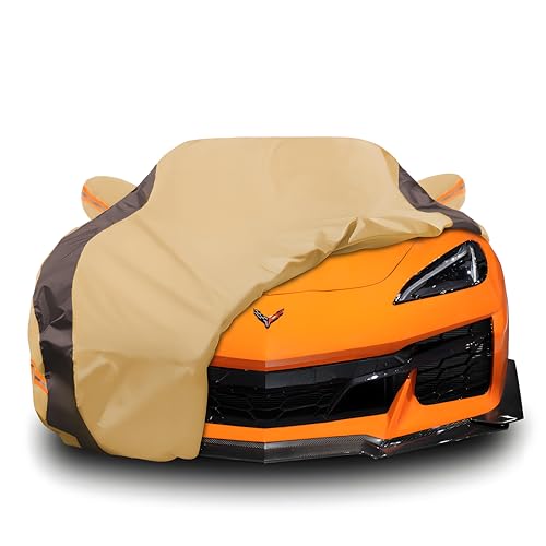 FSGRICH Car Cover Waterproof All Weather Compatible with Chevy Corvette C4 C5 C6 C7 C8, Outdoor Anti-UV Sun Rain Protection Full Exterior Cover (Camel with Brown) - Image 1