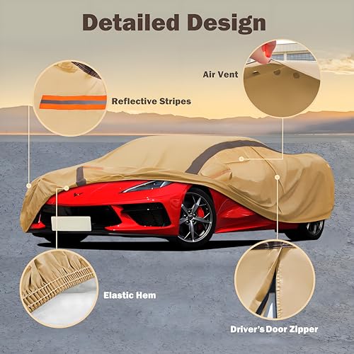 FSGRICH Car Cover Waterproof All Weather Compatible with Chevy Corvette C4 C5 C6 C7 C8, Outdoor Anti-UV Sun Rain Protection Full Exterior Cover (Camel with Brown) - Image 2