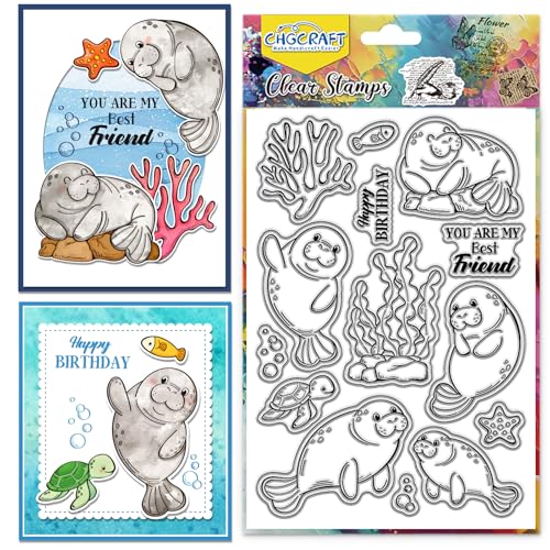 CHGCRAFT Manatee Pattern Clear Stamps Turtle Seaweed Starfish Transparent Embossing Silicone Stamp Seal for DIY Scrapbooking and Card Making Paper Craft Decor 63 43 in - Image 1