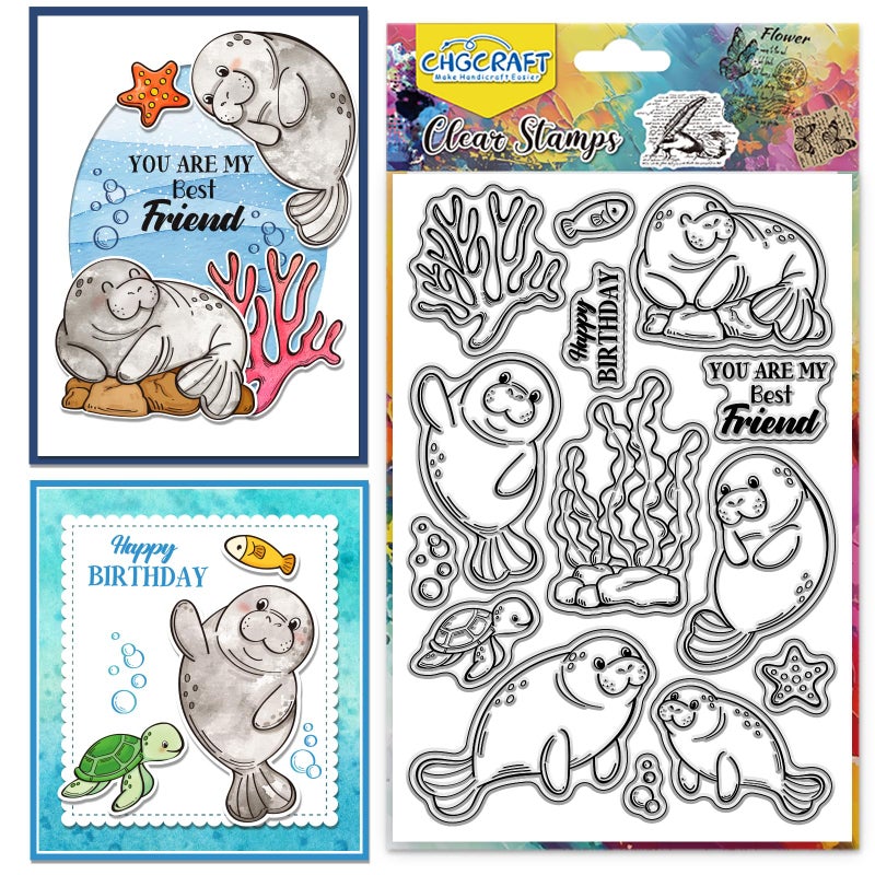 CHGCRAFT Manatee Pattern Clear Stamps Turtle Seaweed Starfish Transparent Embossing Silicone Stamp Seal for DIY Scrapbooking and Card Making Paper Craft Decor 63 43 in - Image 3