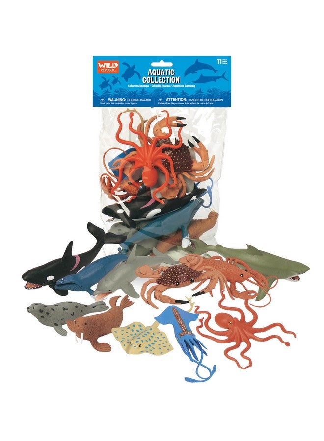 Wild Republic مجموعة ألعاب وحشية جمهورية في كيس بلاستيكي مائية، أخطبوط، سمكة قرش، دولفين، أوركا، سرطان البحر، جراد البحر، حوت أزرق، راي، حبار، فقمة هاربي، وولروس 11 قطعة - Image 1