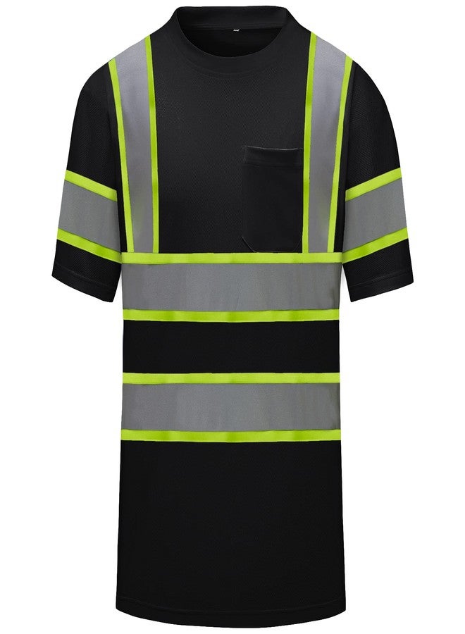 DPSAFETY High Visibility Shirts Quick Dry Safety T Shirts with Reflective Strips and Pocket Short Sleeve Mesh Hi Vis Construction Work Class 2 Shirt for Men/Women Black,Medium - Image 1