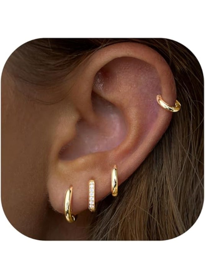 يوكانبي مجموعة 4 أزواج من حلقات هوجي نحاسية للنساء — حلقات صغيرة مثقبة خفيفة للاستخدام اليومي - Image 1