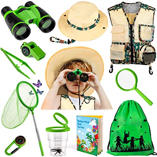 INNOCHEER Kids Explorer Kit  Bug Catcher Kit  Safari Costume Kit Outdoor Exploration Set with Hat Vest Butterfly Net and Bugs Book for Boys Girls 312 Years Old Camouflage Green - Image 1
