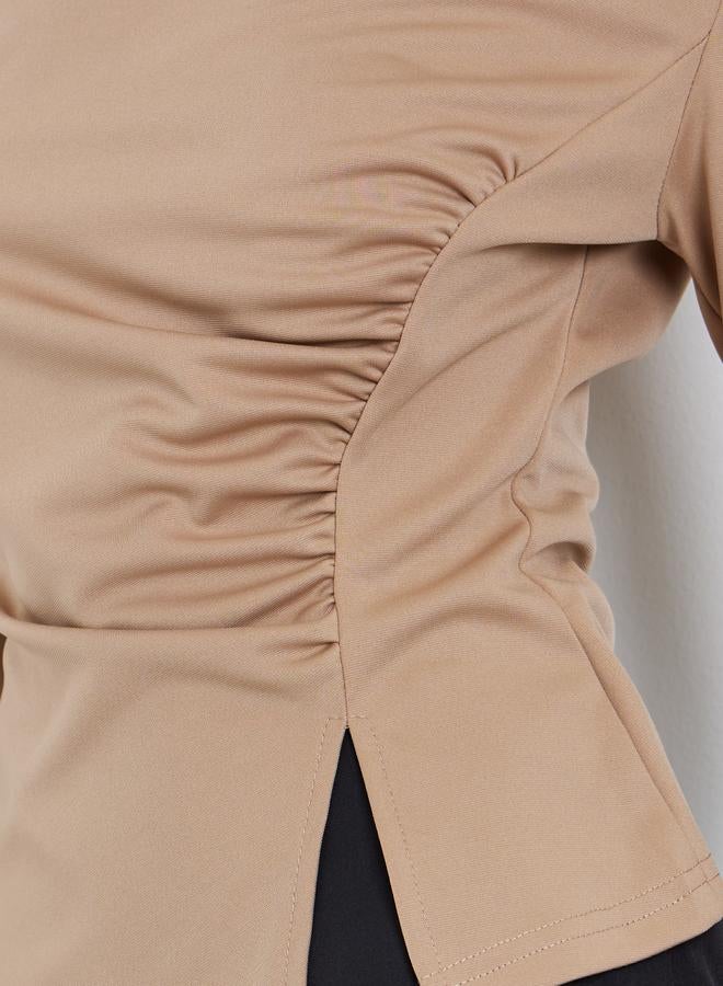 Styli Brown Asymmetric Neck Long Sleeve T-Shirt - Image 3