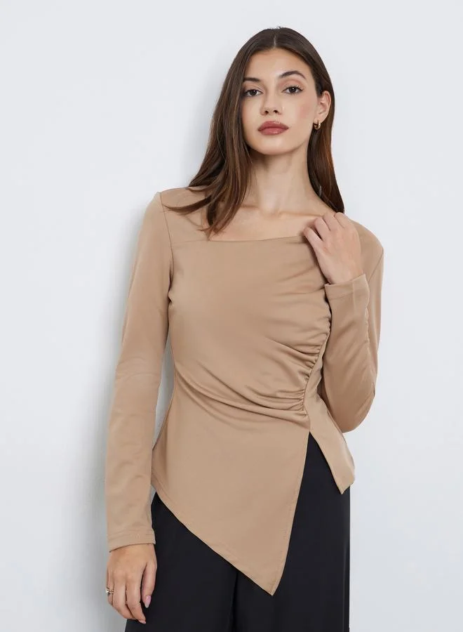 Styli Styli Brown Asymmetric Neck Long Sleeve T-Shirt