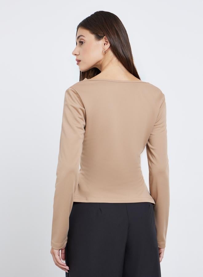 Styli Brown Asymmetric Neck Long Sleeve T-Shirt - Image 4