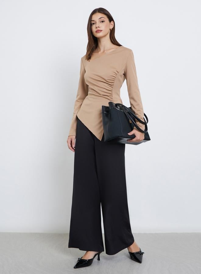 Styli Brown Asymmetric Neck Long Sleeve T-Shirt - Image 2