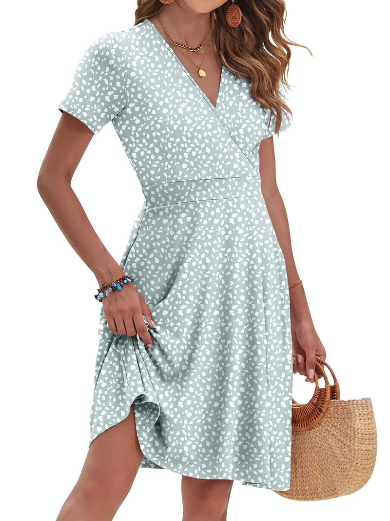 AUSELILY Petite Dresses Floral Short Sleeve Knee Length Wrap V Neck Dress with Pockets, Green Horseshoe L - Image 2