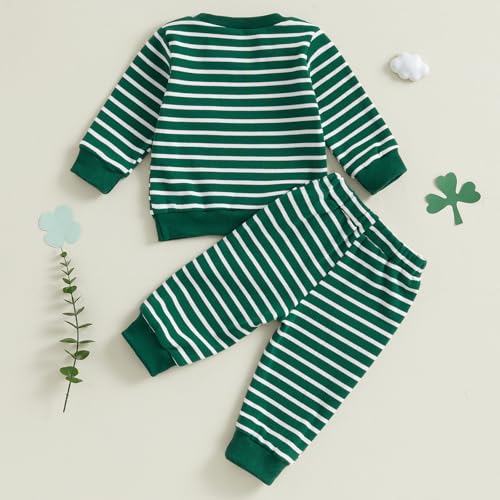 Karuedoo Infant Toddler Baby Boy Girl St. Patrick's Day Outfit Clover Embroidery Striped Long Sleeve Sweatshirt and Pants Set (Green, 18-24 Months) - Image 5