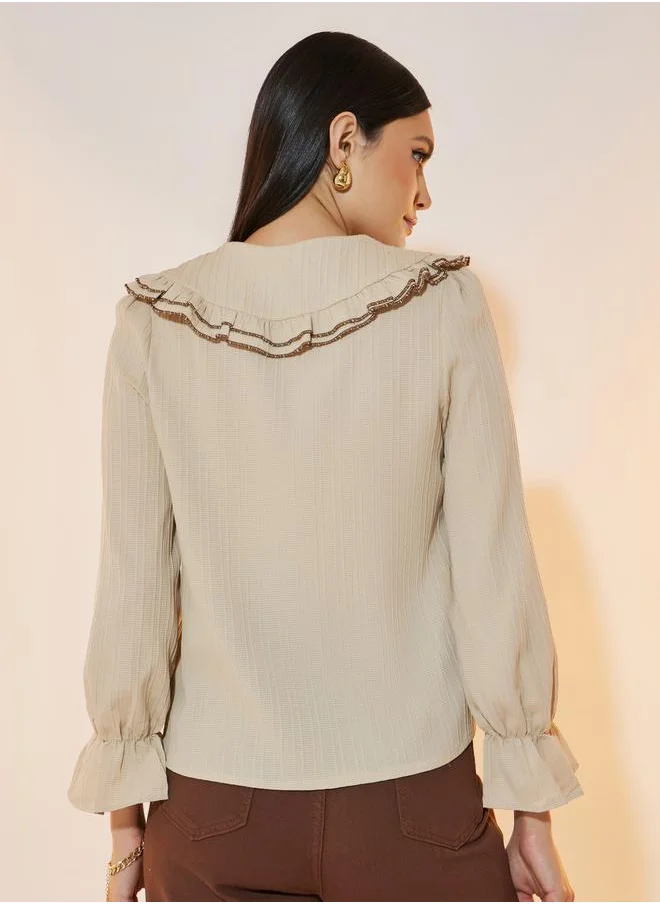 تايك تو Texture Peter Pan Neck Bow-Tie Long Sleeve Shirt