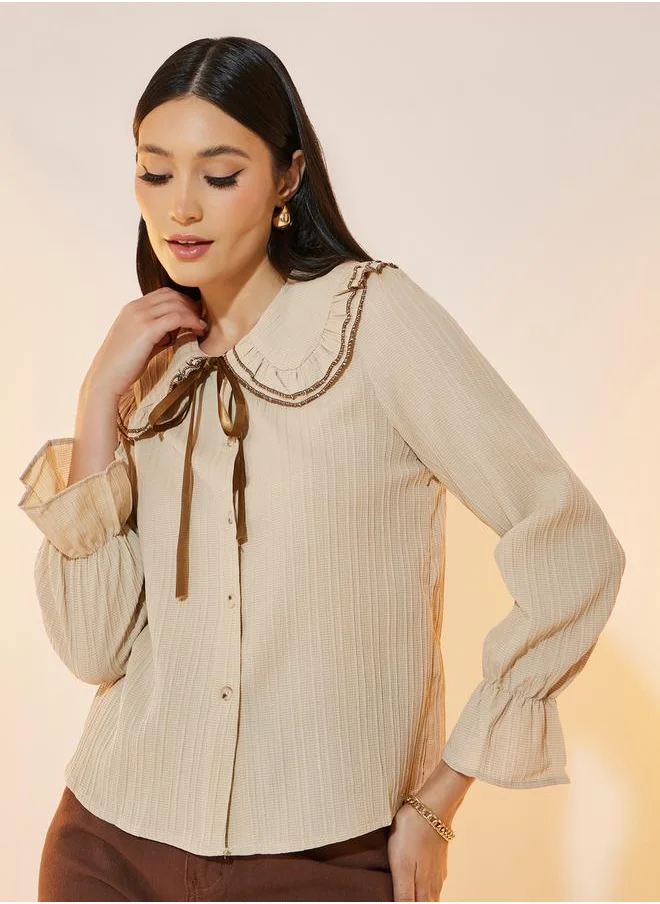 تايك تو Texture Peter Pan Neck Bow-Tie Long Sleeve Shirt