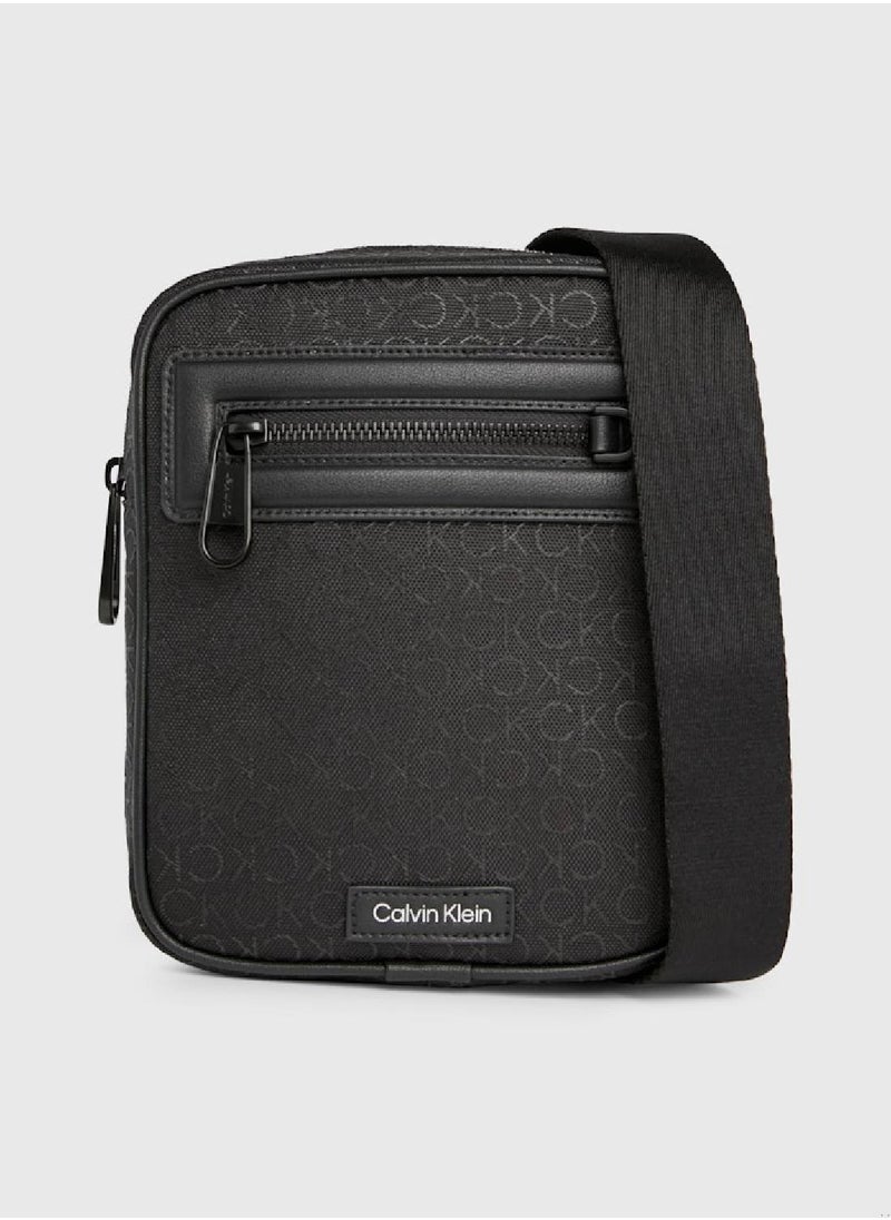 CALVIN KLEIN - Men's Small Convertible Logo Reporter Bag -  logo jacquard recycled polyester exterior, Black - Image 1