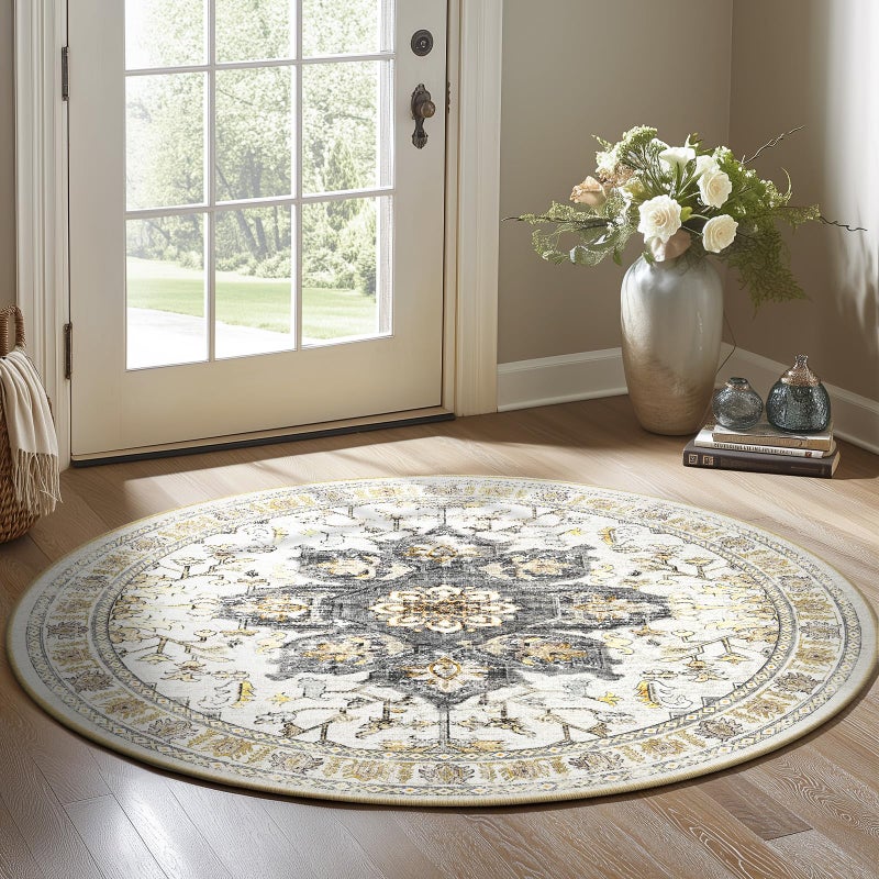 Bestsweetie 4ft Round Rugs Round Round Ruck Non-Slip No Pile Round Rugs 4 Ft Boho Round Rugs لغرفة المعيشة 4 أقدام جولة جولة السجاد لغرفة النوم المطبخ الرمادي البني - Image 1