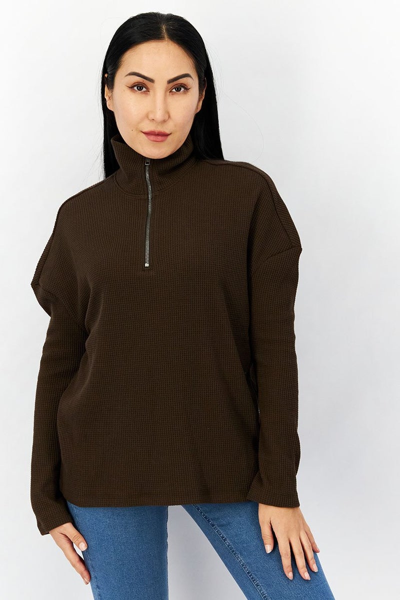 N:Philanthropy Women Mock Neckline Textured Pullovers, Chocolate  - Image 1