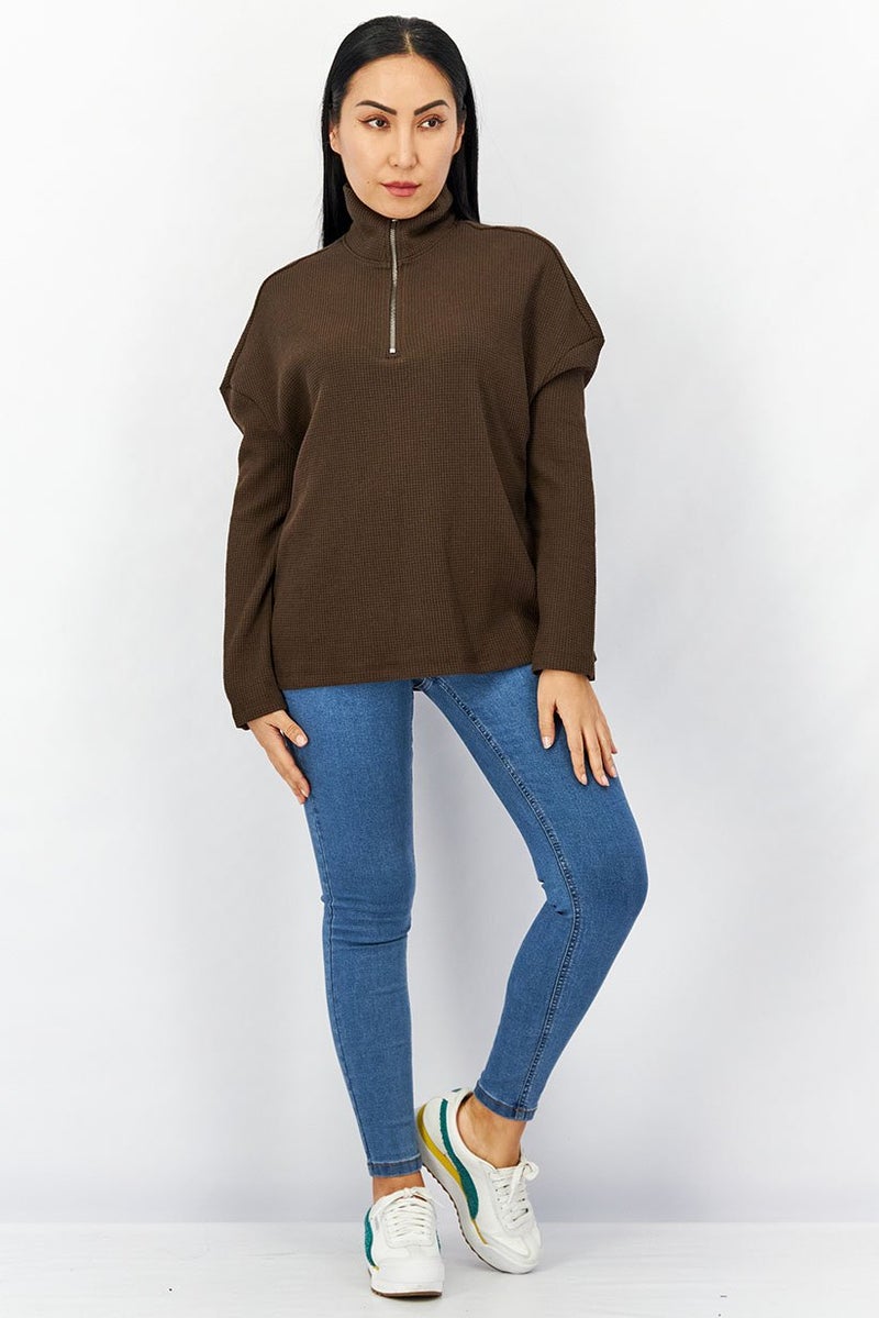 N:Philanthropy Women Mock Neckline Textured Pullovers, Chocolate  - Image 3