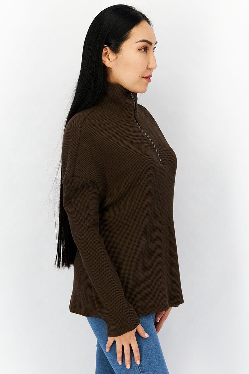 N:Philanthropy Women Mock Neckline Textured Pullovers, Chocolate  - Image 2