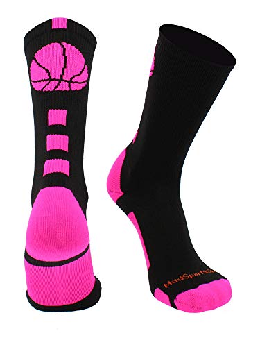 MadSportsStuff Basketball Socks with Basketball Logo Crew Socks (Black/Neon Pink, Small) - Image 1