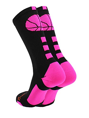 MadSportsStuff Basketball Socks with Basketball Logo Crew Socks (Black/Neon Pink, Small) - Image 2