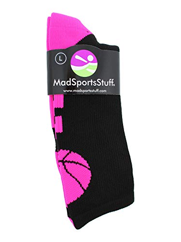 MadSportsStuff Basketball Socks with Basketball Logo Crew Socks (Black/Neon Pink, Small) - Image 3