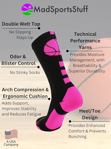 MadSportsStuff Basketball Socks with Basketball Logo Crew Socks (Black/Neon Pink, Small) - Image 4