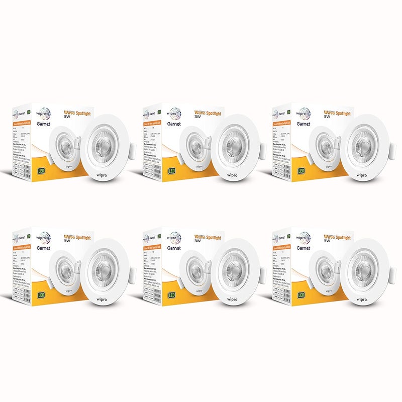 WIPRO Wipro Garnet 3W Round LED Wave Spotlight COB Spotlight for CeilingWarm White Light 2700K Adjustable Design Recessed Tiltable Downlighter for False Ceiling Cutout 60 mm Pack of 6  - Image 1