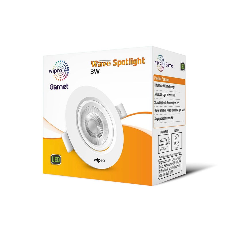 WIPRO Wipro Garnet 3W Round LED Wave Spotlight COB Spotlight for CeilingWarm White Light 2700K Adjustable Design Recessed Tiltable Downlighter for False Ceiling Cutout 60 mm Pack of 6  - Image 4