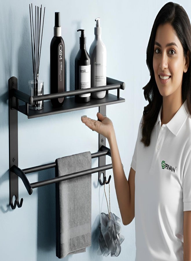 GRIVAN Stainless Steel Bathroom Shelf Rack Stand with Dual Towel Rod | Multipurpose Bathroom Accessories Set (Black Matte) - Image 1