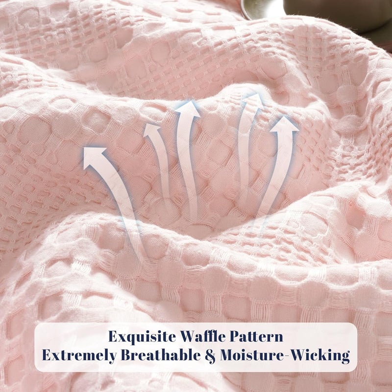 PHF Bamboo Cotton Waffle Blanket King(264 cm x 228 cm) for Couch, Bed, Snag Proof for Spring Summer Lightweight Breathable, Pink - Image 4