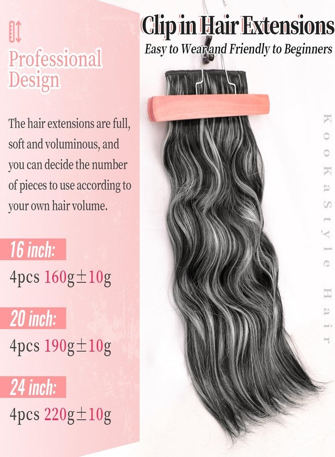 KooKaStyle Clip in Hair Extensions Long Wavy 4PCS Thick Hairpieces Synthetic Highlight Hair Extensions Black and White Mix Fiber Double Weft Natural 20Inch for Women - Image 3