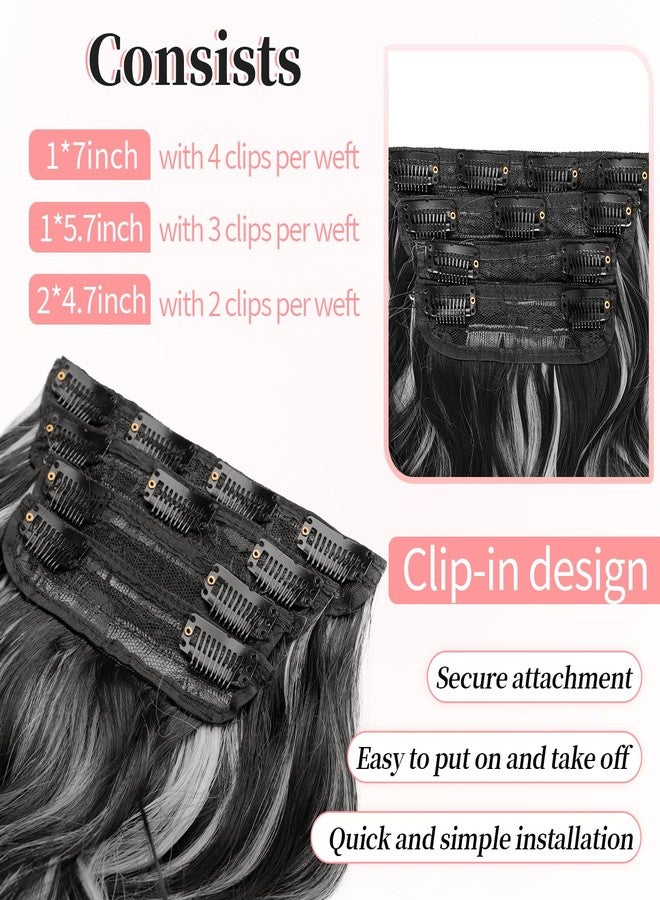 KooKaStyle Clip in Hair Extensions Long Wavy 4PCS Thick Hairpieces Synthetic Highlight Hair Extensions Black and White Mix Fiber Double Weft Natural 20Inch for Women - Image 4