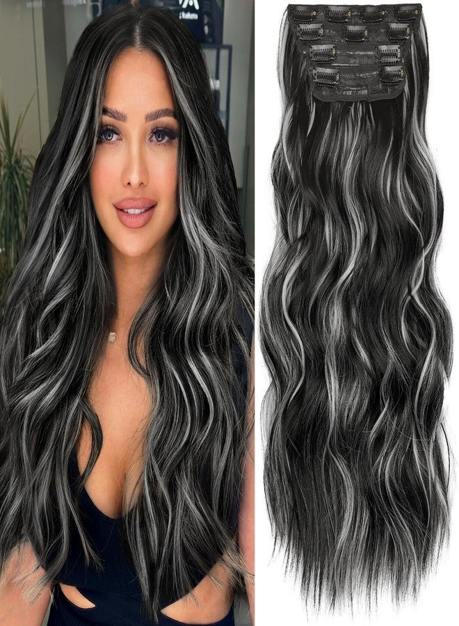KooKaStyle Clip in Hair Extensions Long Wavy 4PCS Thick Hairpieces Synthetic Highlight Hair Extensions Black and White Mix Fiber Double Weft Natural 20Inch for Women - Image 1