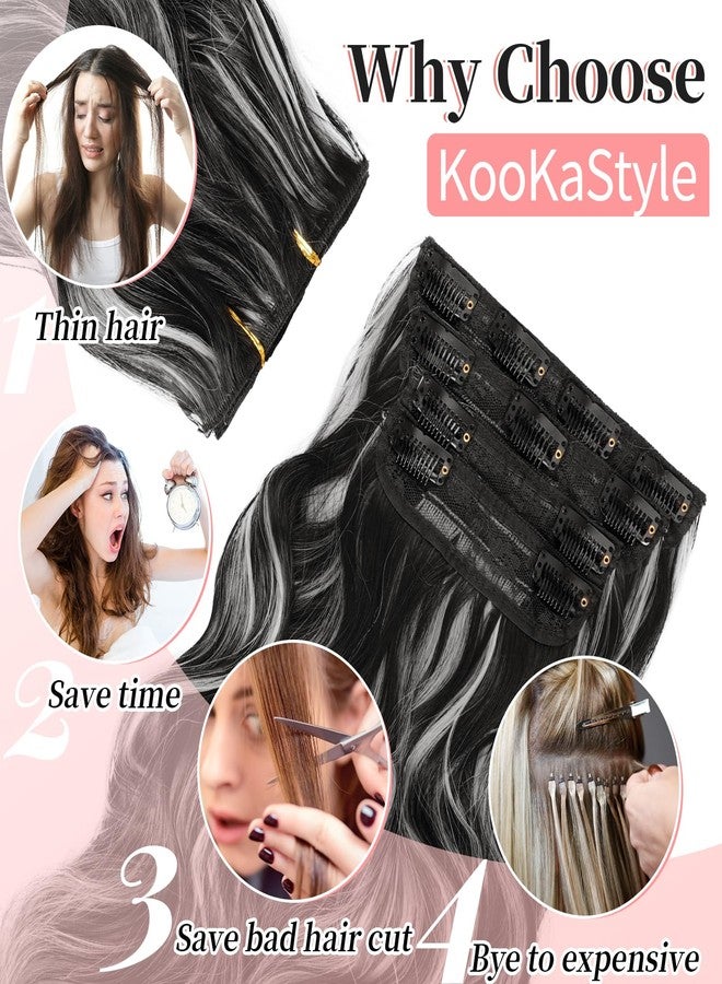 KooKaStyle Clip in Hair Extensions Long Wavy 4PCS Thick Hairpieces Synthetic Highlight Hair Extensions Black and White Mix Fiber Double Weft Natural 20Inch for Women - Image 5