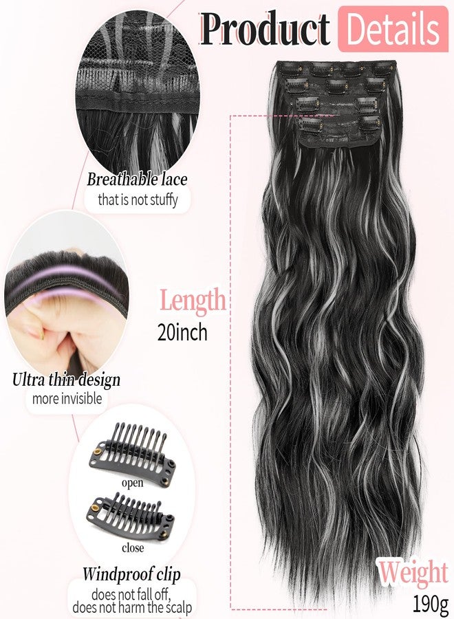 KooKaStyle Clip in Hair Extensions Long Wavy 4PCS Thick Hairpieces Synthetic Highlight Hair Extensions Black and White Mix Fiber Double Weft Natural 20Inch for Women - Image 2
