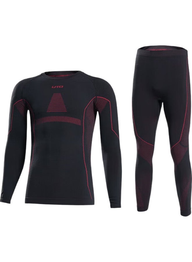 UTO Quick-Dry Compression Base Layer For Men, Functional Underwear For Skiing, Hiking, Outdoor Sports, Warm Set, Black Wine Red, Size L - Image 2