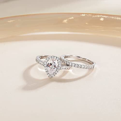 EAMTI 1.5CT 925 فضة إسترليني خاتم زفاف دمعة للعرائس مجموعات خواتم هالة مع حجر زركونيا مكعبية واعدة لخواتم الخطوبة للنساء مقاس 6 - Image 2