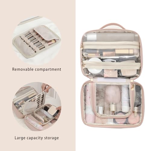 RIGHT AWAY Travel Toiletry Bag for Women, Makeup Bag& Cases, Waterproof Makeup Organizer Cosmetic Bag with Compartments,Portable Make Up Bag for Travel Size Toiletries,Skincare,Brushes Set,Pink - Image 3