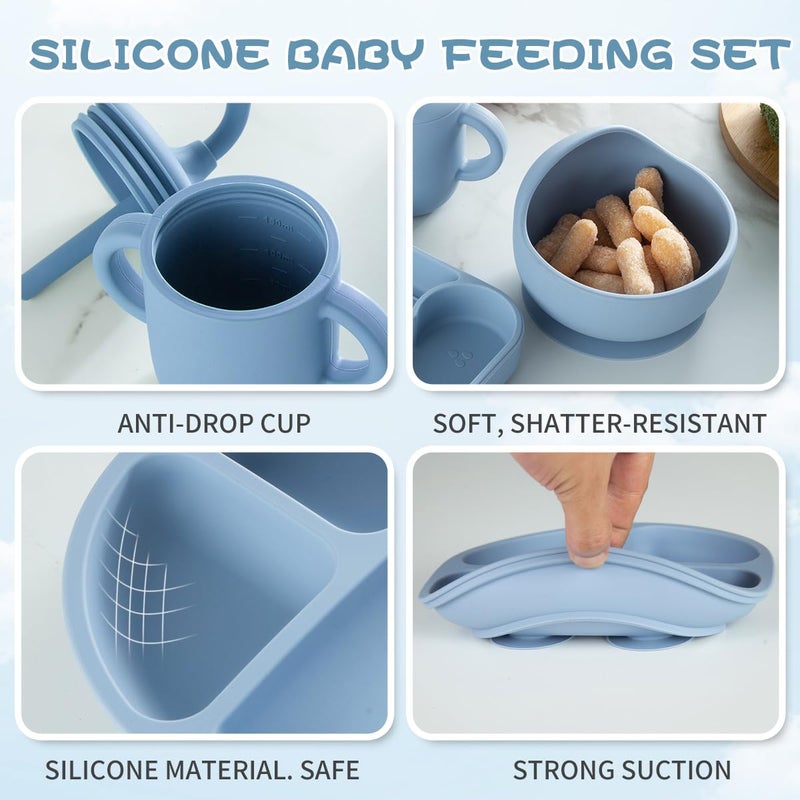 Sproutlets Silicone Feeding Set, 6-Piece Baby Led Weaning Set - Suction Plate, Bear Bowl, Cup, Spoon, Fork and Bib - BPA Free (Sky Blue) - Image 3