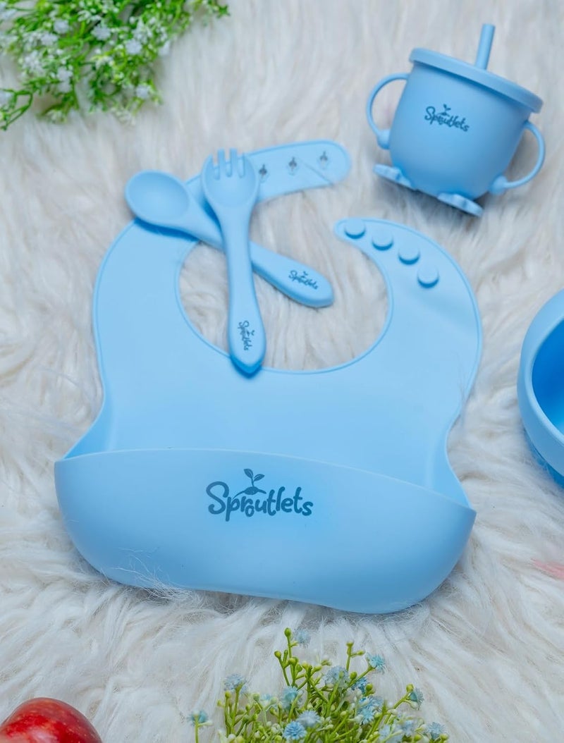 Sproutlets Silicone Feeding Set, 6-Piece Baby Led Weaning Set - Suction Plate, Bear Bowl, Cup, Spoon, Fork and Bib - BPA Free (Sky Blue) - Image 4