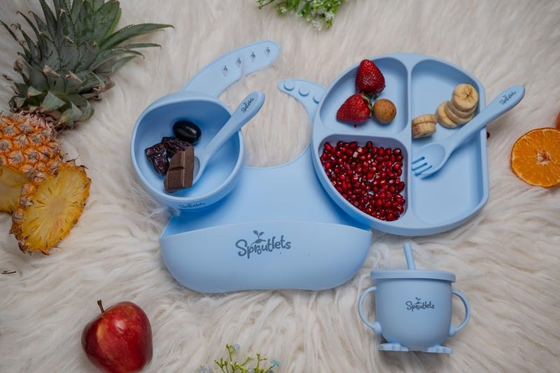 Sproutlets Silicone Feeding Set, 6-Piece Baby Led Weaning Set - Suction Plate, Bear Bowl, Cup, Spoon, Fork and Bib - BPA Free (Sky Blue) - Image 2