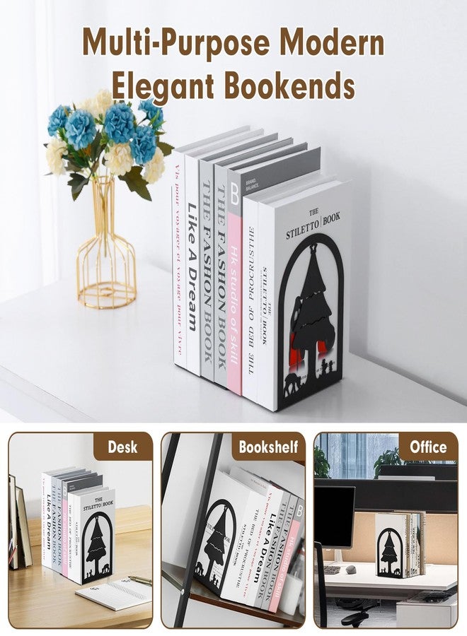 Aertiavty 2 Pcs Bookends for Shelves, Heavy-Duty Morden Tree Book Ends, Non-Skid Metal Bookends, 1 Pair Large Decorative Book Holder for Home and Office, Black Book Stopper, Forest - Image 5