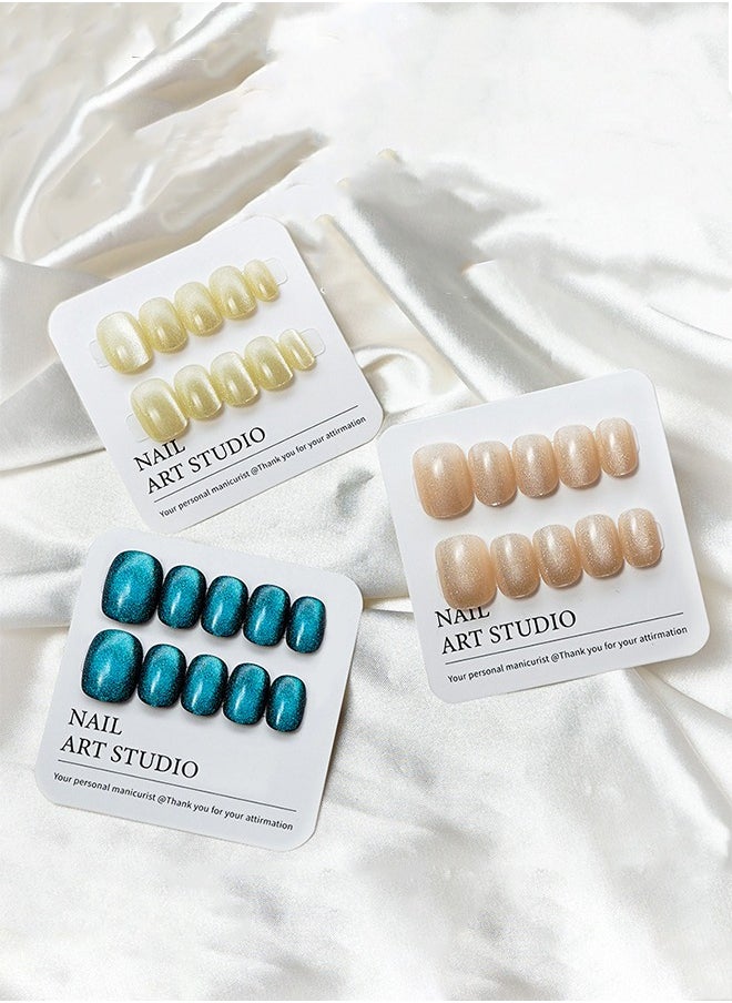 ElegaNail - 10 Pcs Crystal Cat Eye Nail Art False Nails Short Square and Round Manicure  Nails Press on Nails with Wearing Tools, Size: XS/S/M（Lemon Yellow）Random Packaging - Image 1