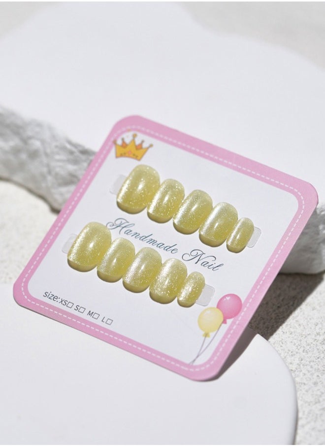 ElegaNail - 10 Pcs Crystal Cat Eye Nail Art False Nails Short Square and Round Manicure  Nails Press on Nails with Wearing Tools, Size: XS/S/M（Lemon Yellow）Random Packaging - Image 1