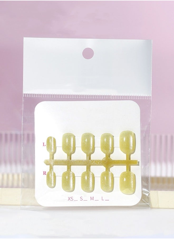 ElegaNail 10 Pcs Crystal Cat Eye Nail Art False Nails Short Square and Round Manicure  Nails Press on Nails with Wearing Tools, Size: XS/S/M（Lemon Yellow）Random Packaging  - Image 4