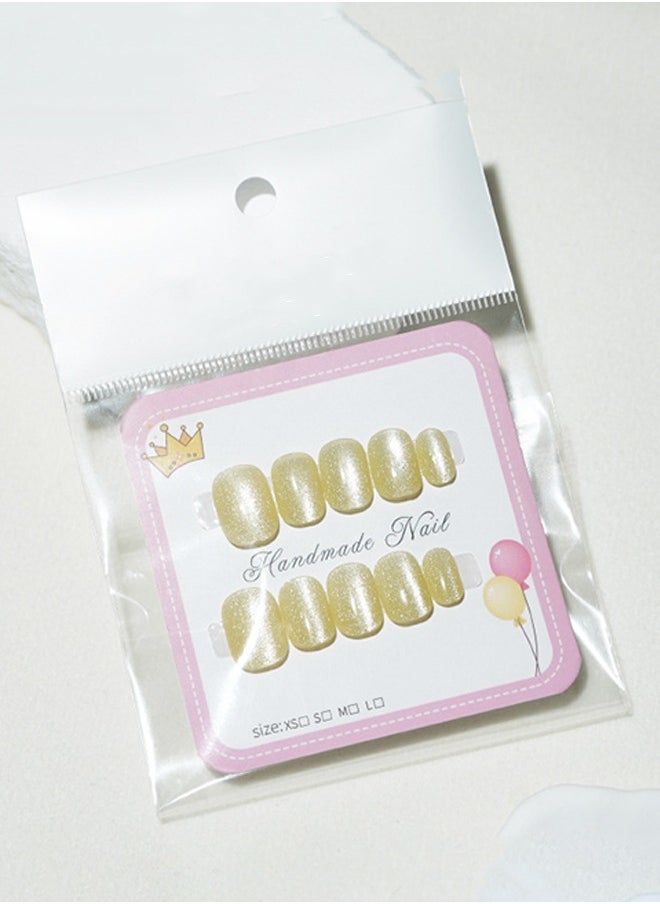 ElegaNail - 10 Pcs Crystal Cat Eye Nail Art False Nails Short Square and Round Manicure  Nails Press on Nails with Wearing Tools, Size: XS/S/M（Lemon Yellow）Random Packaging - Image 1