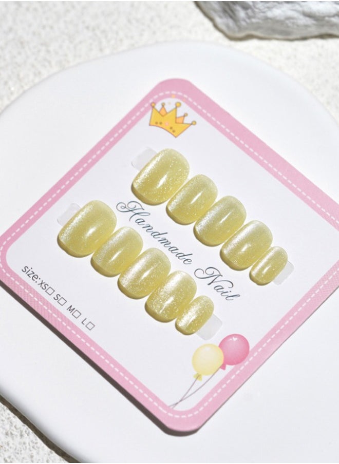 ElegaNail 10 Pcs Crystal Cat Eye Nail Art False Nails Short Square and Round Manicure  Nails Press on Nails with Wearing Tools, Size: XS/S/M（Lemon Yellow）Random Packaging  - Image 5