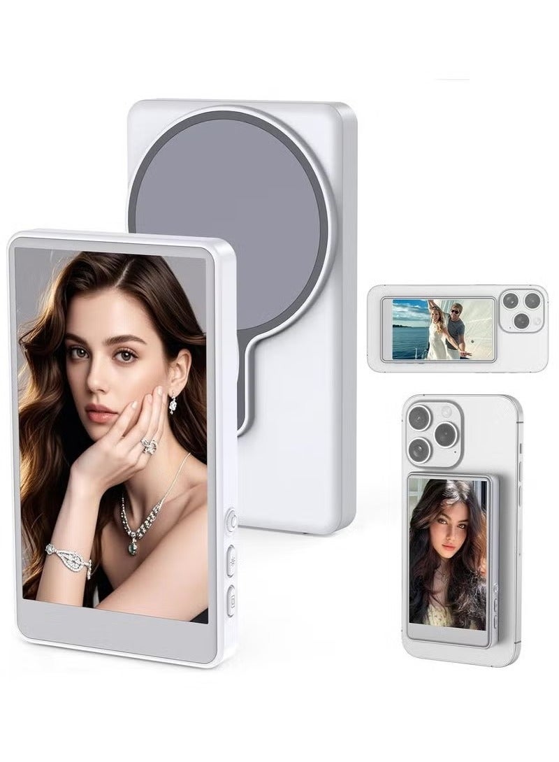TIGER 2025 Magnetic Wireless Selfie Monitor for iPhone & Android – 4-Inch Bluetooth Rear Camera Sync Vlog Screen with Remote Control, Anti-Slip Silicone Gel Pad, ABS Magnetic Mount – Ideal for TikTok, Reels, YouTube, and Pro Selfies (White)  - Image 1