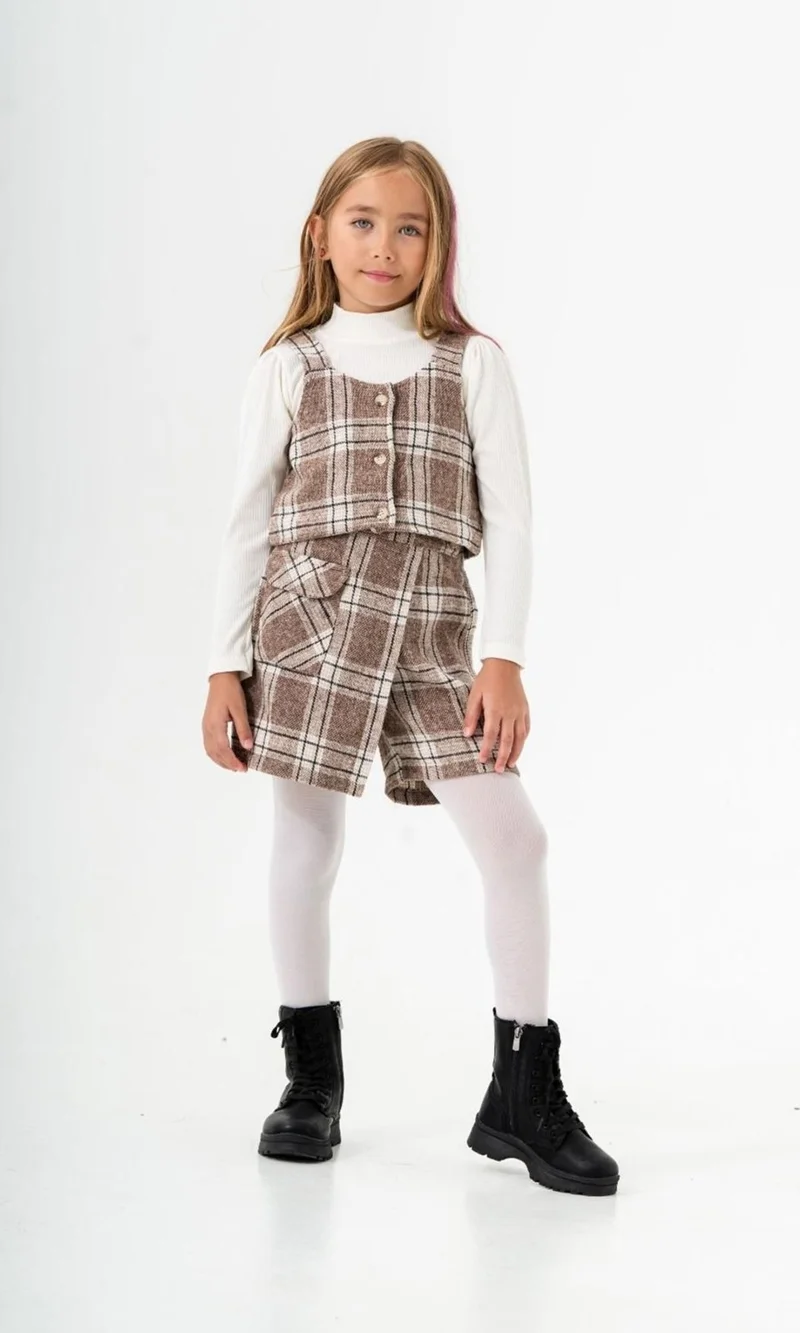 مينيمن جيجيليري My Little One's Ciciler Plaid Pocket Shorts Skirt 3 Piece Outfit - Brown